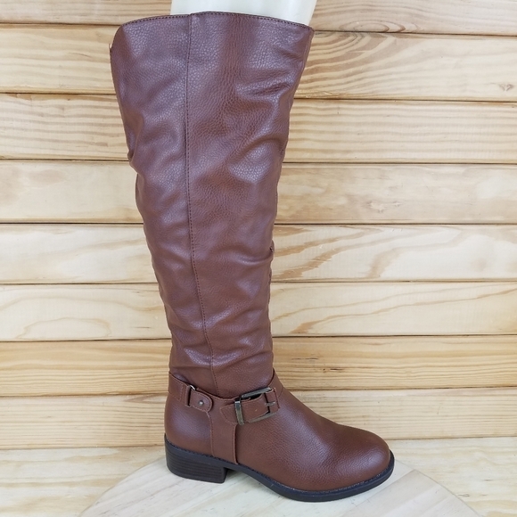 Apt 9 Knee High IRENE Fashion Boots Brown Cognac Faux Leather 1/4 Zip Women's 7W - Picture 1 of 12